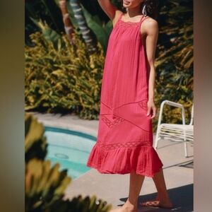NWT Anthropologie Lace/Crochet Detail Boho/Bohemian Gauze Midi Dress in Pink XL